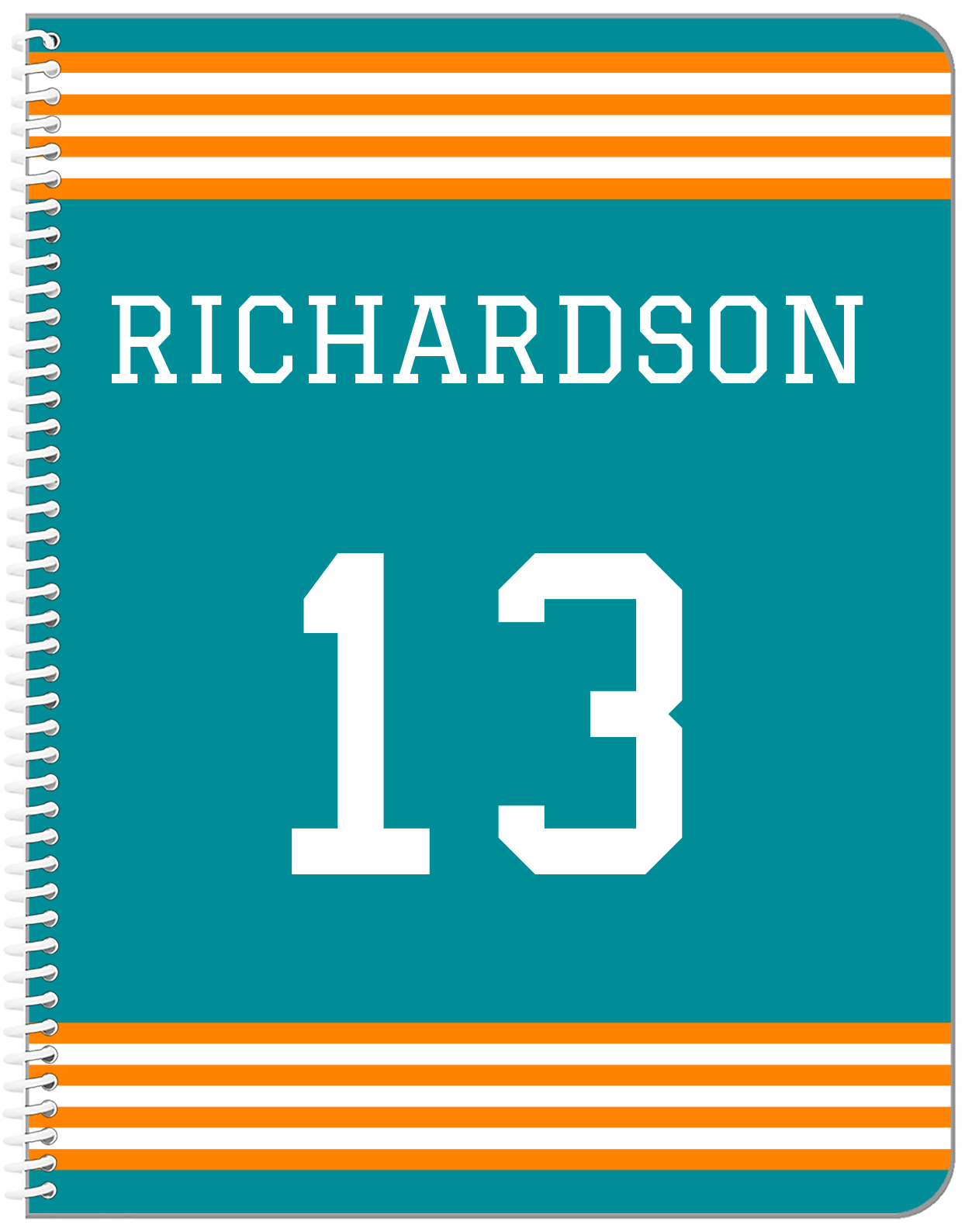 Personalized Jersey Number Notebook - Teal and Orange - Triple Stripe - Front View