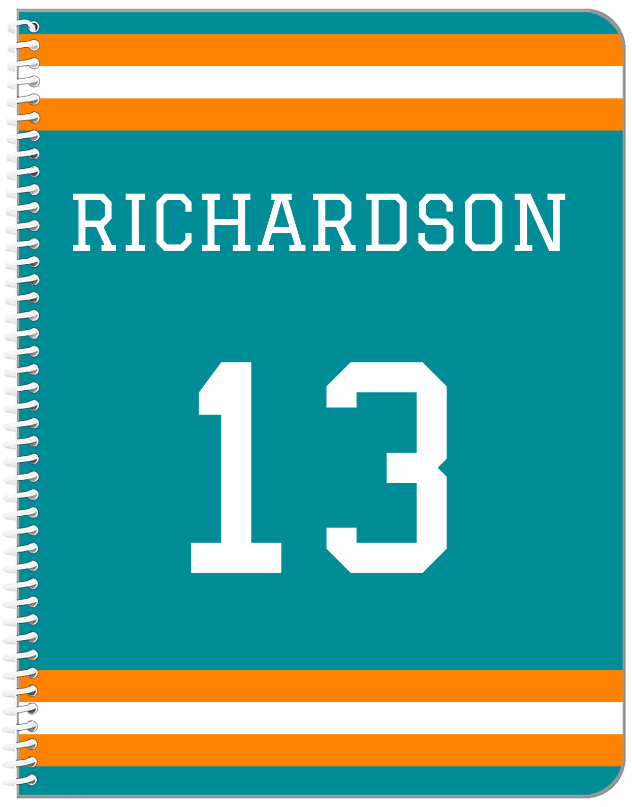 Personalized Jersey Number Notebook - Teal and Orange - Single Stripe - Front View
