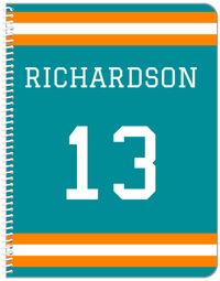 Thumbnail for Personalized Jersey Number Notebook - Teal and Orange - Single Stripe - Front View