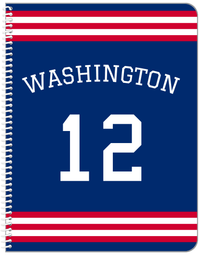 Thumbnail for Personalized Jersey Number Notebook with Arched Name - Blue and Red - Double Stripe - Front View