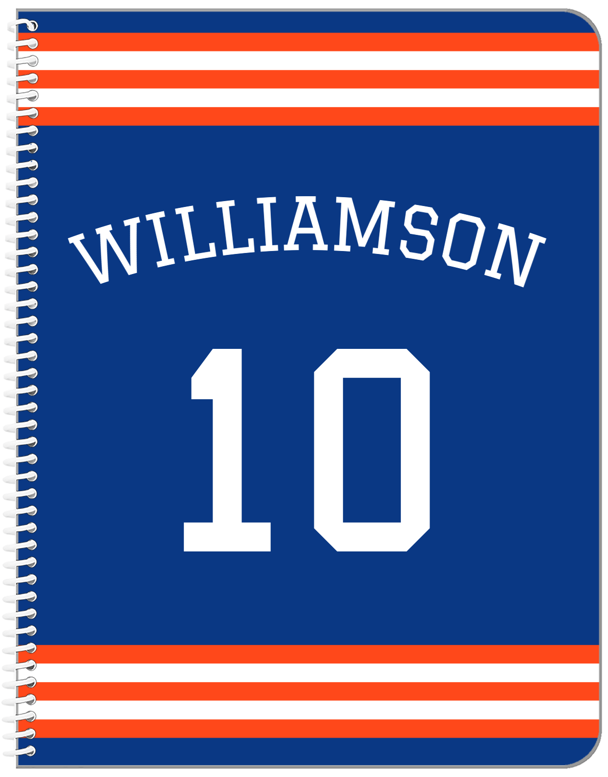 Personalized Jersey Number Notebook with Arched Name - Blue and Orange - Double Stripe - Front View