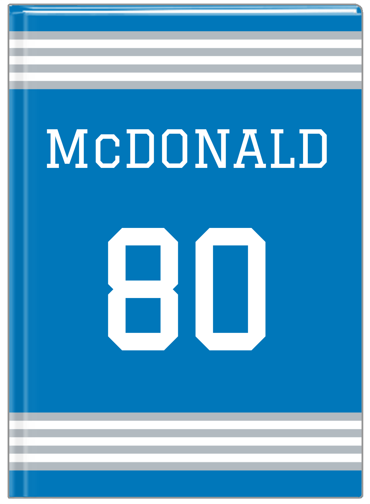 Personalized Jersey Number Journal - Blue and Grey - Triple Stripe - Front View
