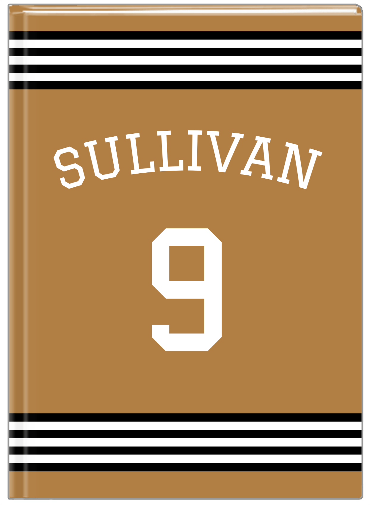 Personalized Jersey Number Journal with Arched Name - Gold and Black - Triple Stripe - Front View