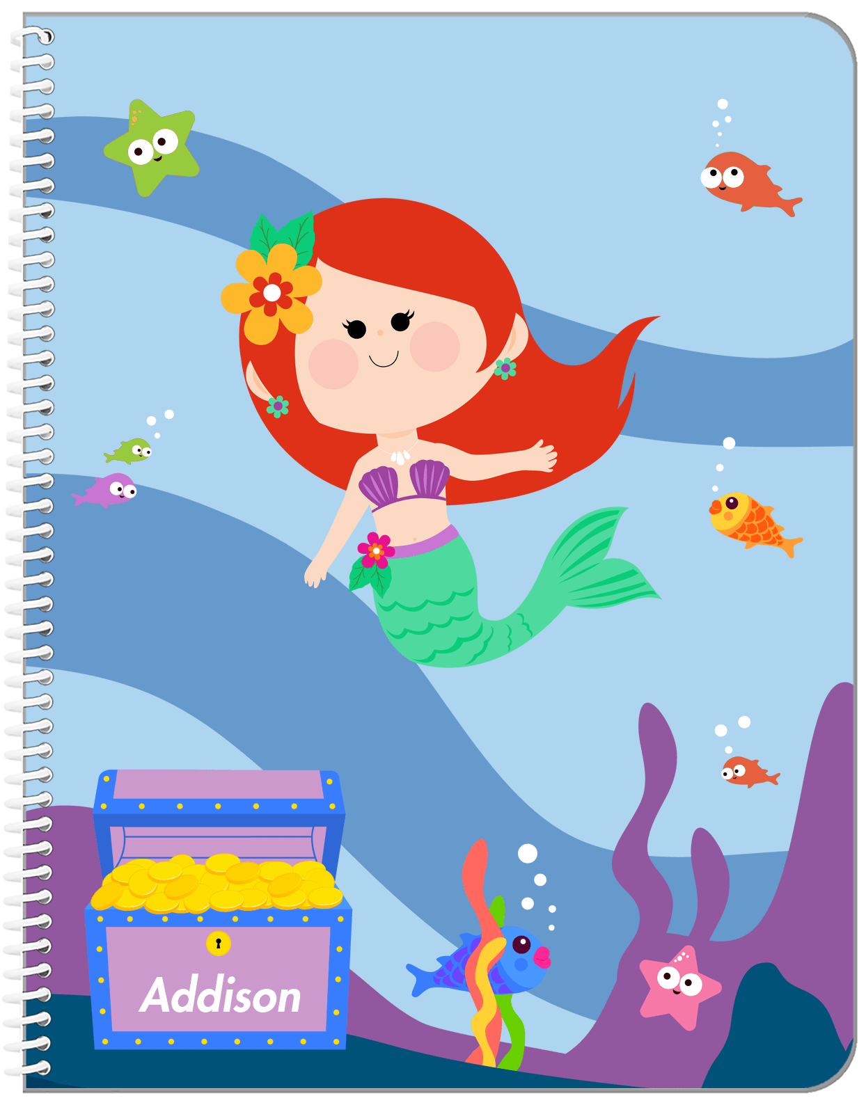 Personalized Mermaid Notebook I - Blue Background - Redhead Mermaid - Front View