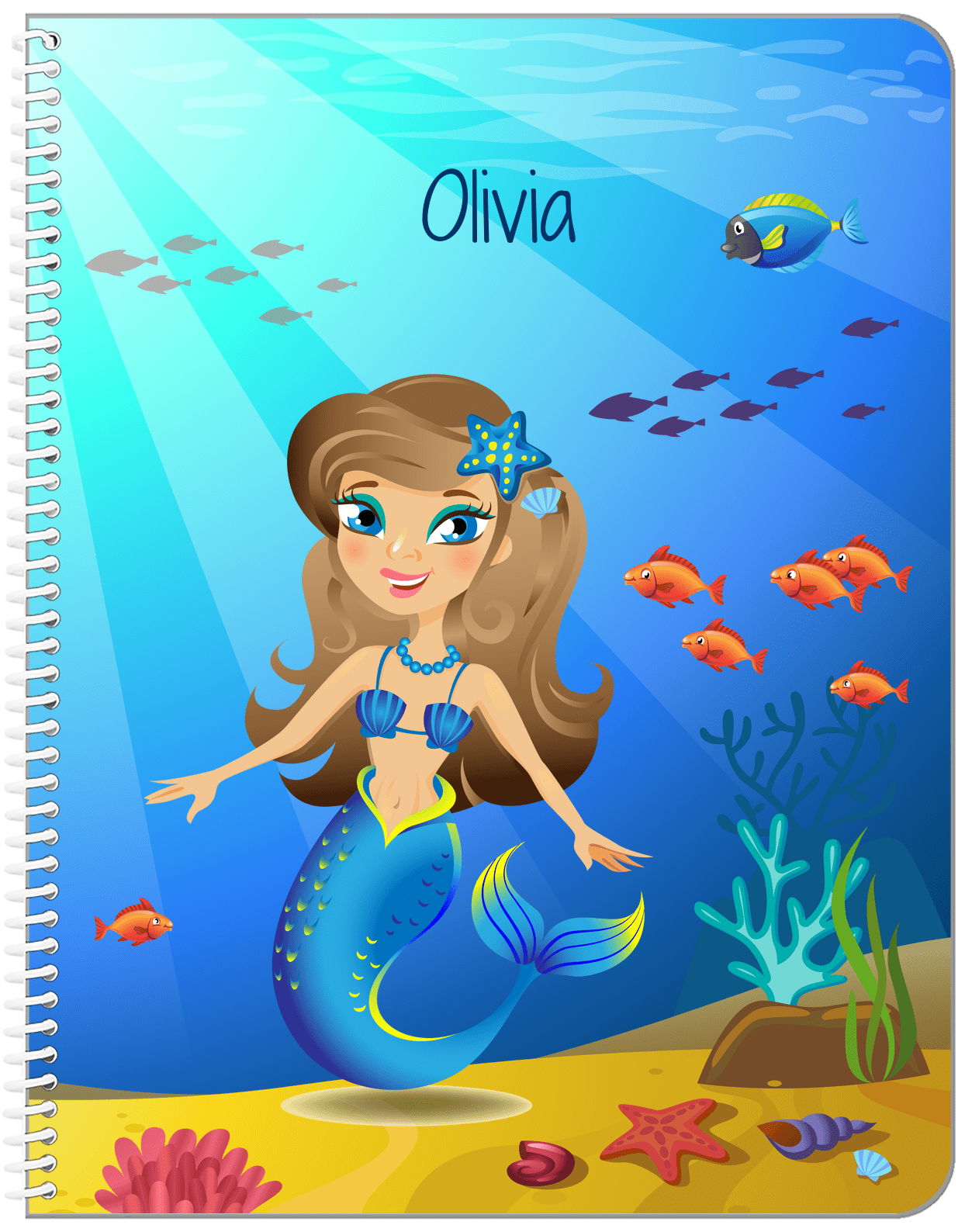 Personalized Mermaid Notebook III - Blue Background - Brunette Mermaid - Front View