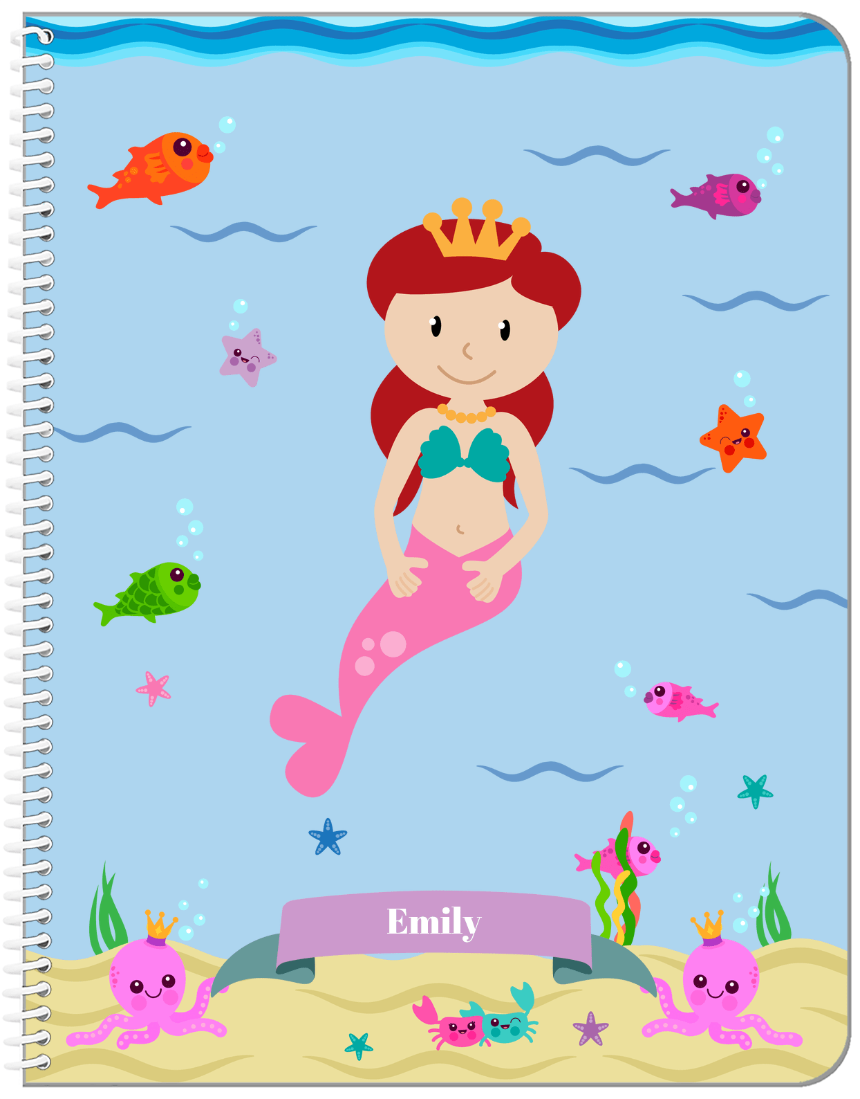 Personalized Mermaid Notebook VI - Blue Background - Redhead Mermaid - Front View