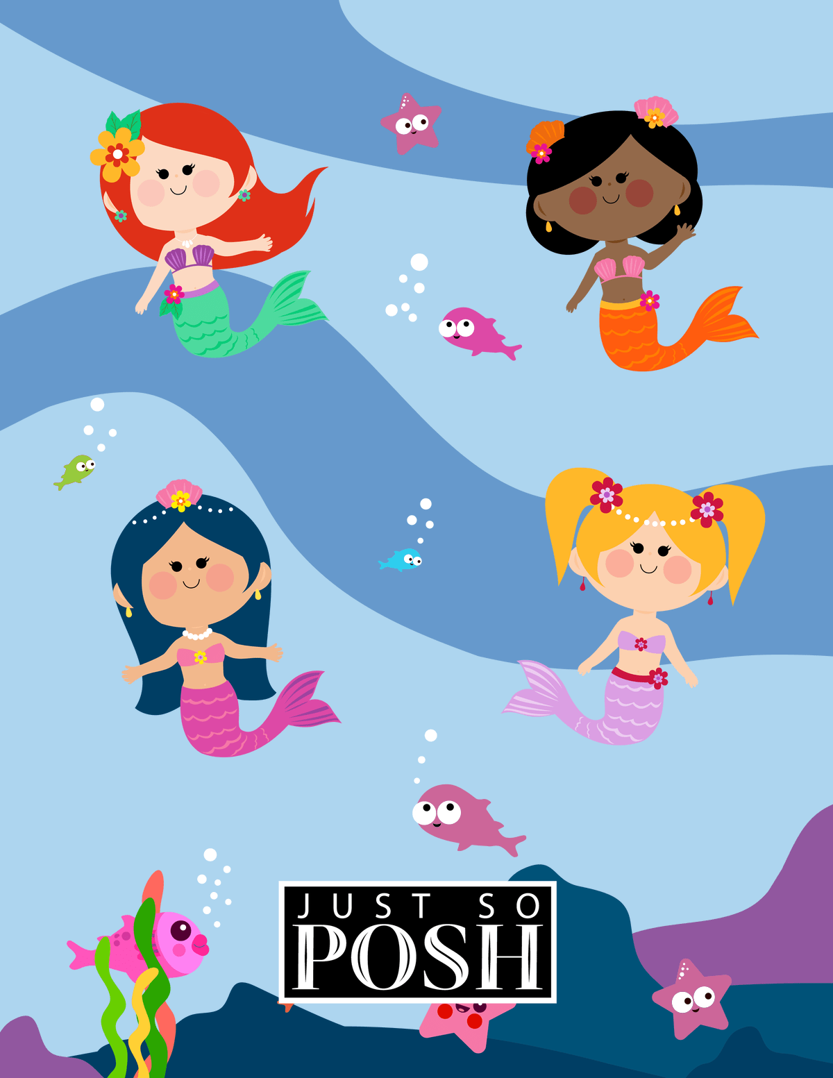 Personalized Mermaid Notebook I - Blue Background - Brunette Mermaid - Back View