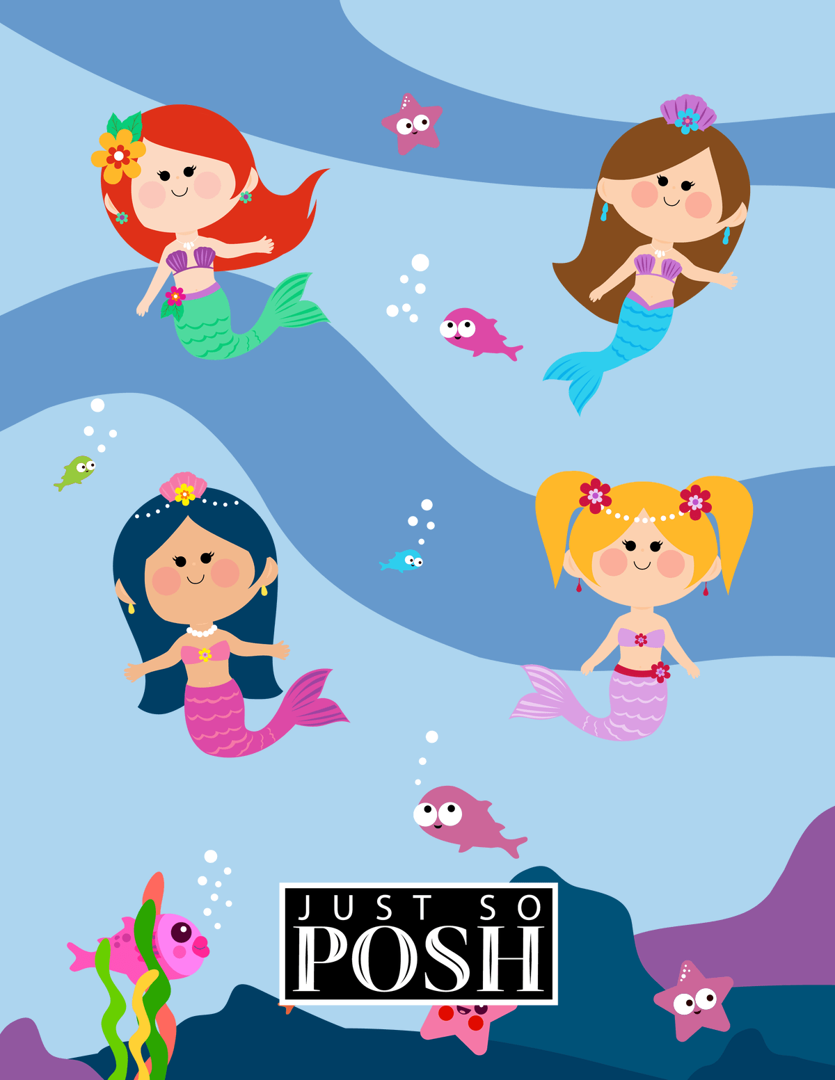 Personalized Mermaid Notebook I - Blue Background - Black Mermaid - Back View