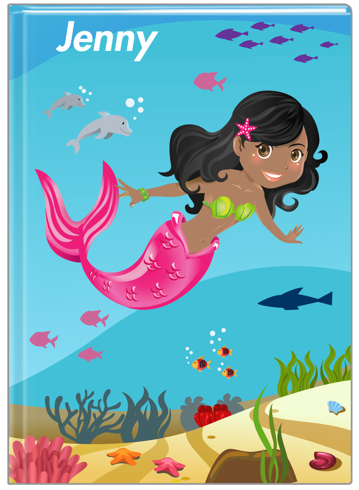 Personalized Mermaid Journal VIII - Blue Background - Black Mermaid - Front View