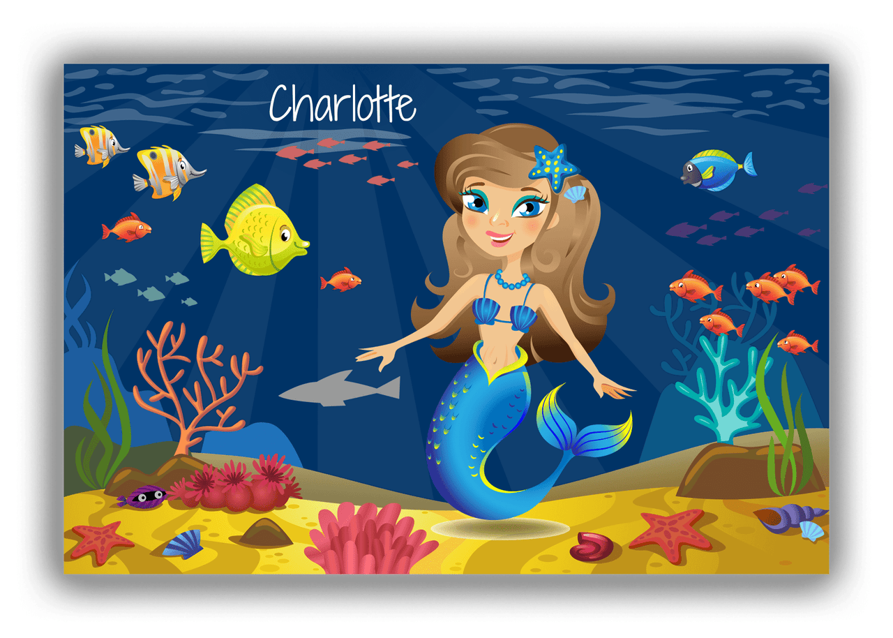 Personalized Mermaid Canvas Wrap & Photo Print III - Blue Background - Brunette Mermaid - Front View