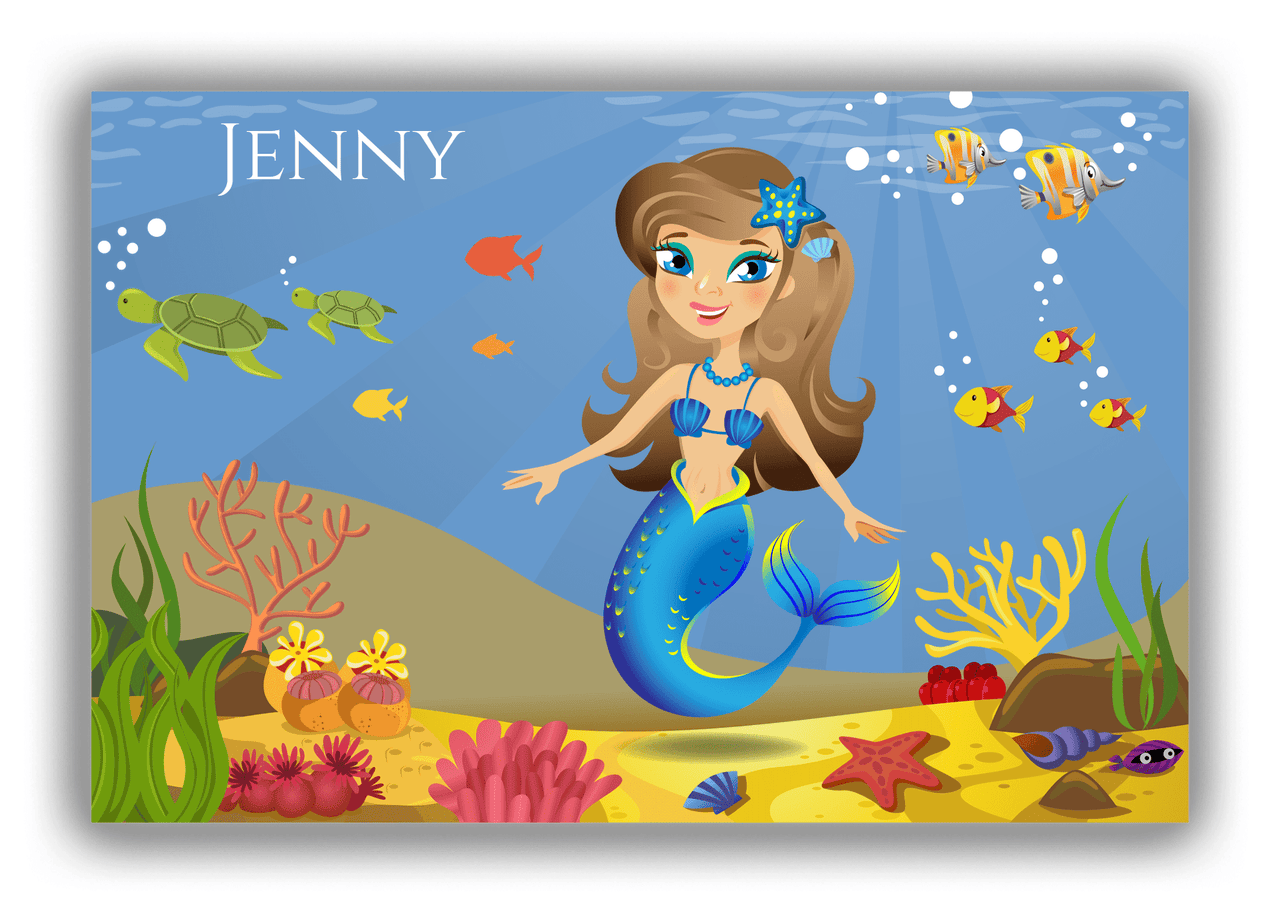 Personalized Mermaid Canvas Wrap & Photo Print VII - Blue Background - Brunette Mermaid - Front View