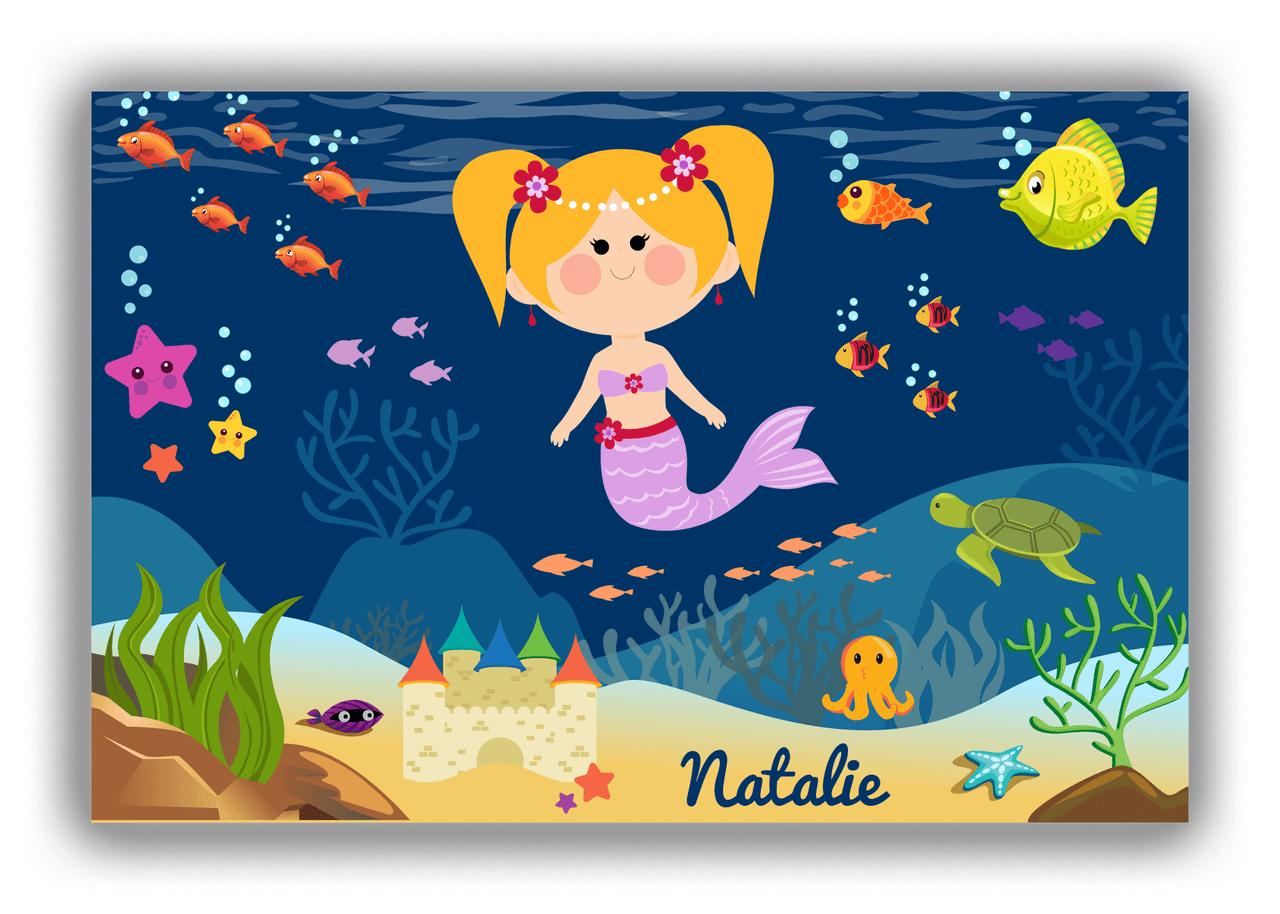 Personalized Mermaid Canvas Wrap & Photo Print IX - Blue Background - Blonde Mermaid - Front View