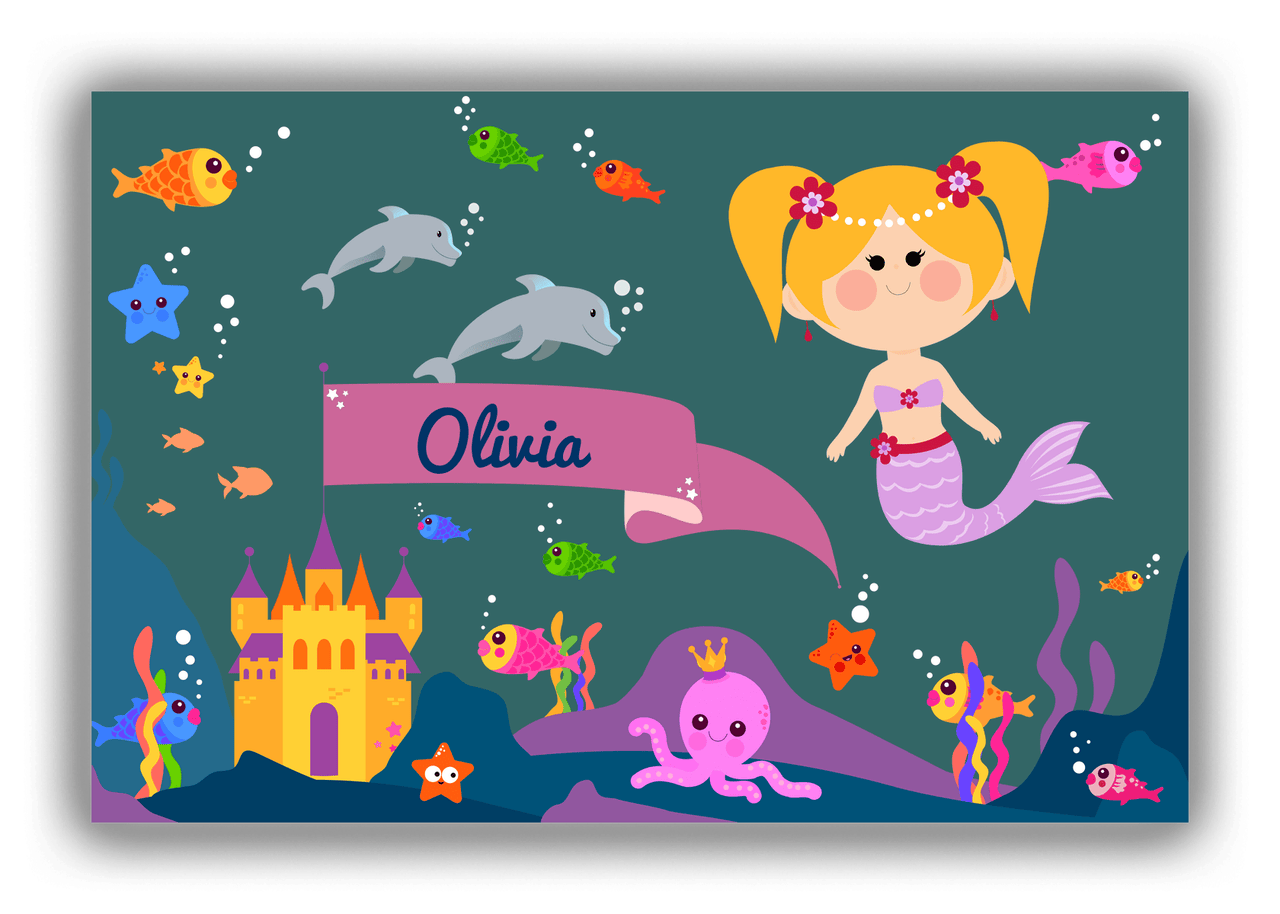 Personalized Mermaid Canvas Wrap & Photo Print X - Blue Background - Blonde Mermaid - Front View