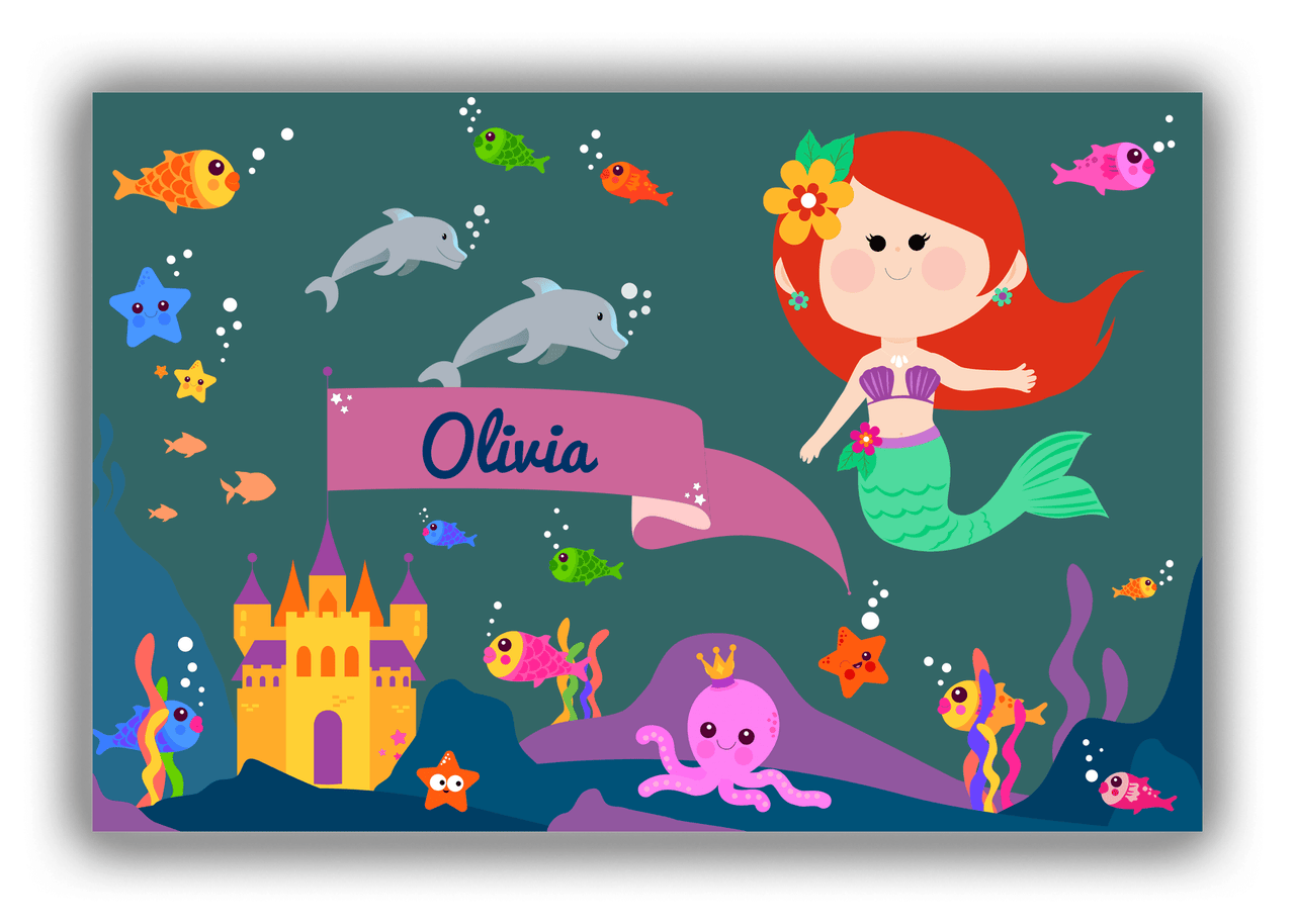 Personalized Mermaid Canvas Wrap & Photo Print X - Blue Background - Redhead Mermaid - Front View