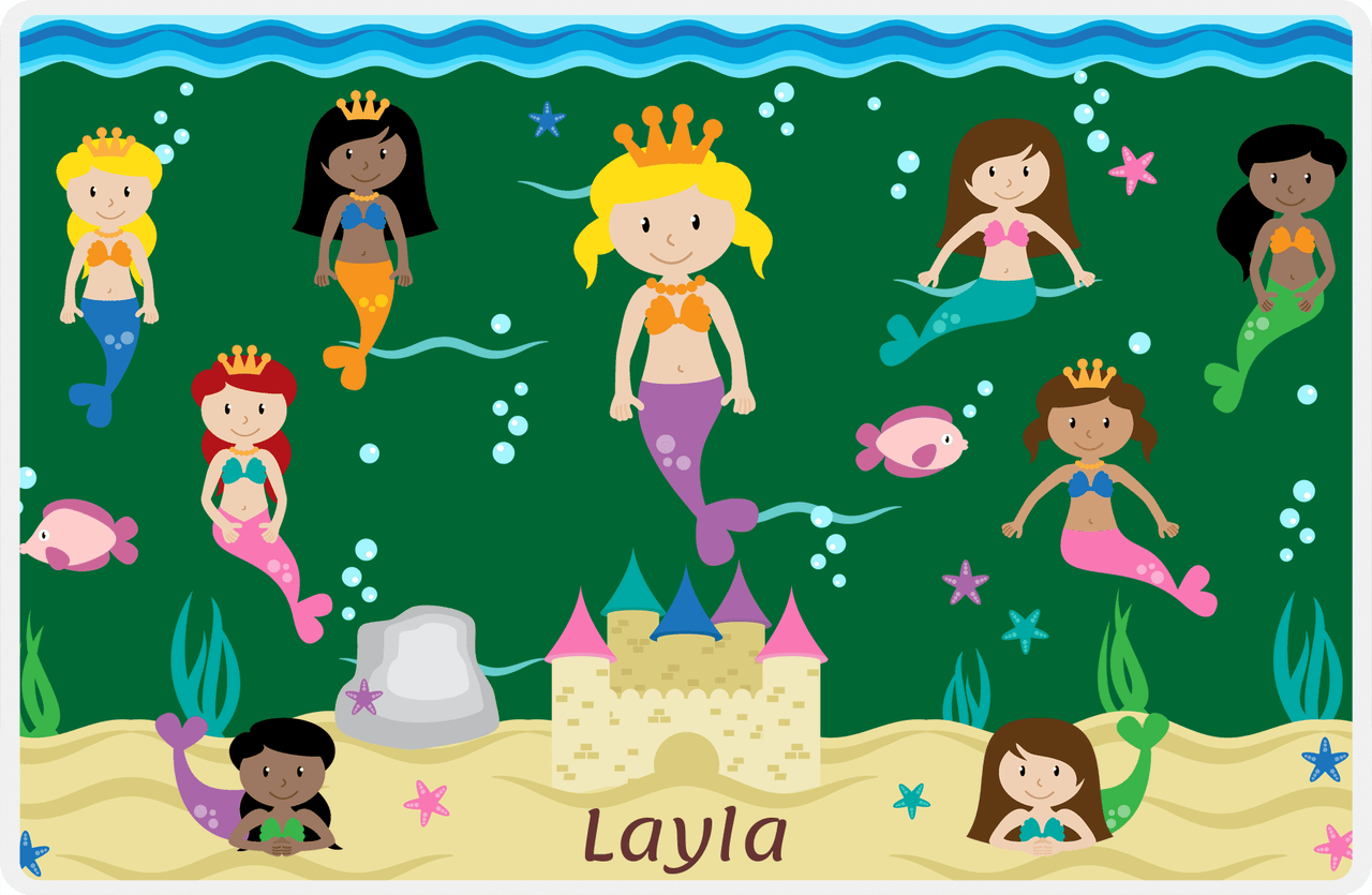 Personalized Mermaid Placemat - Five Mermaids II - Blonde Mermaid - Dark Green Background -  View