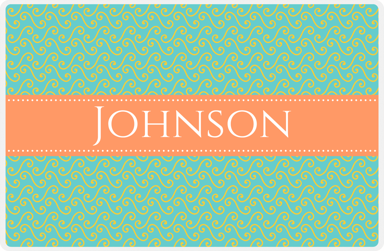 Personalized Mod 3 Placemat - Viking Blue and Mustard - Tangerine Ribbon Frame -  View
