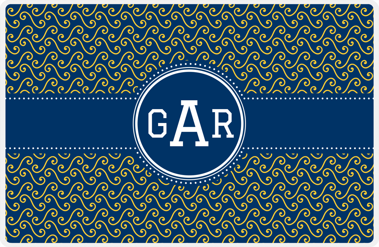 Personalized Mod 3 Placemat - Navy and Mustard - Navy Circle Frame with Ribbon -  View