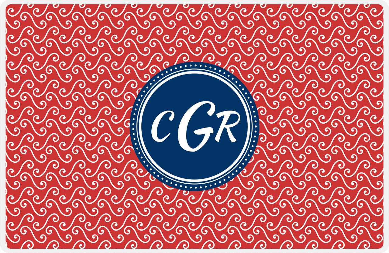 Personalized Mod 3 Placemat - Cherry Red and White - Navy Circle Frame -  View