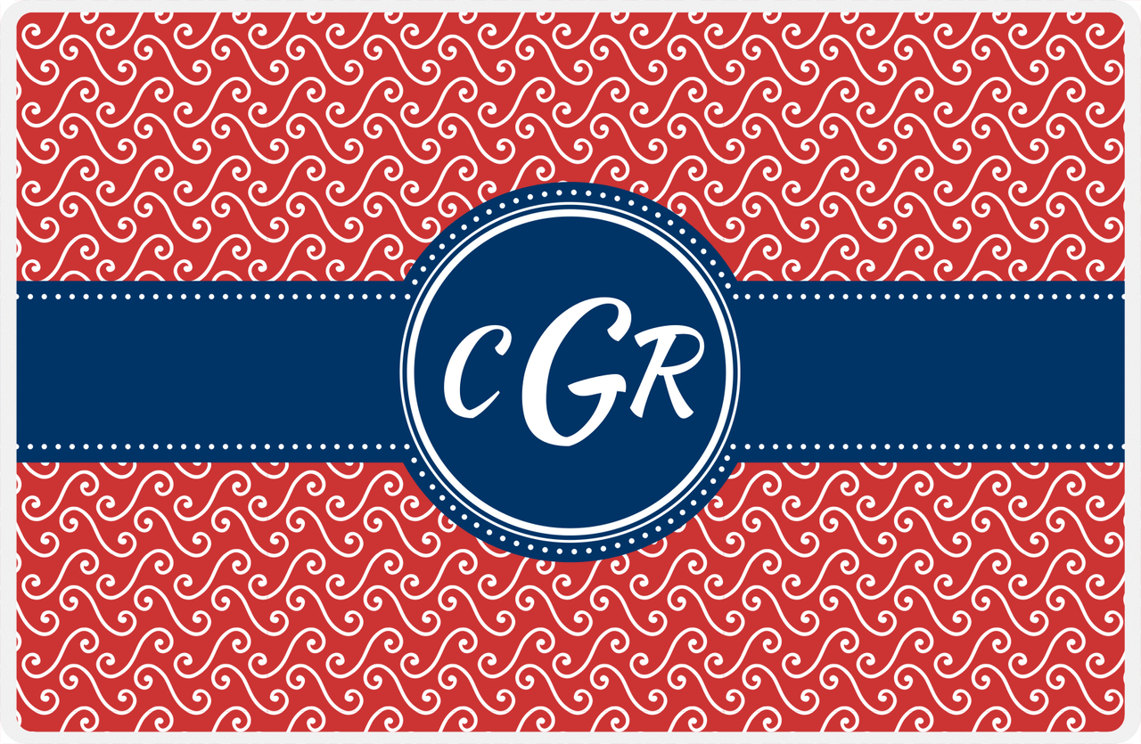 Personalized Mod 3 Placemat - Cherry Red and White - Navy Circle Frame with Ribbon -  View