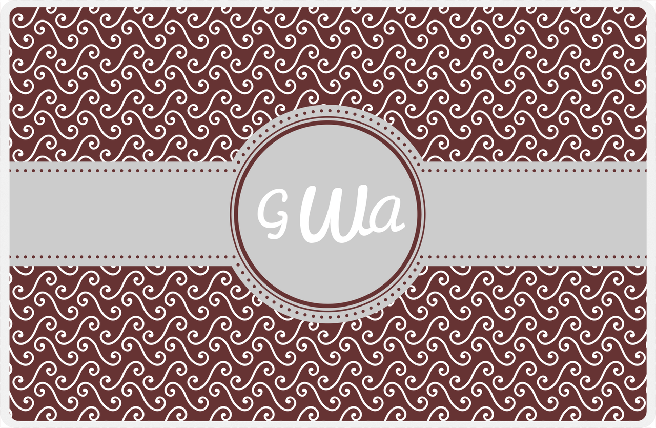 Personalized Mod 3 Placemat - Brown and White - Light Grey Circle Frame with Ribbon -  View