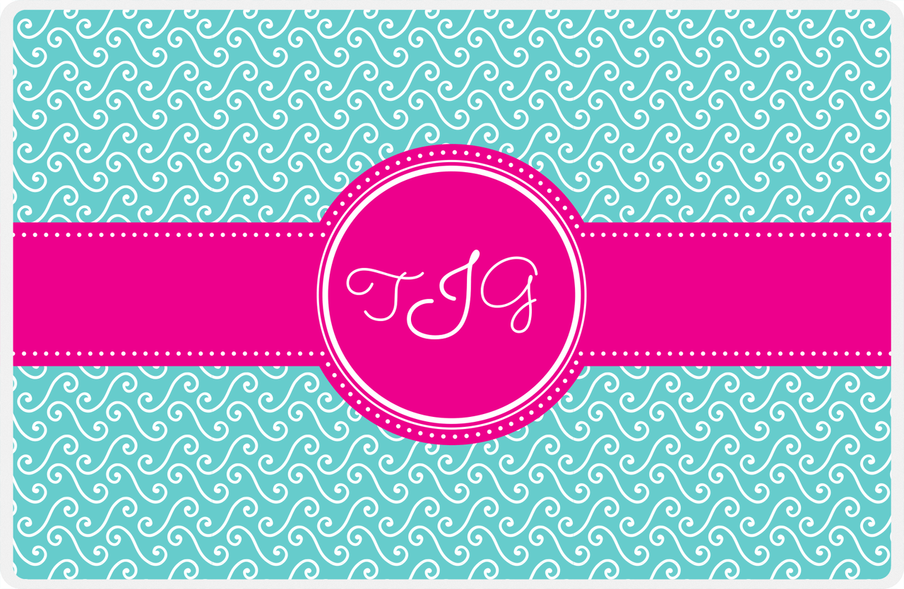 Personalized Mod 3 Placemat - Viking Blue and White - Hot Pink Circle Frame with Ribbon -  View