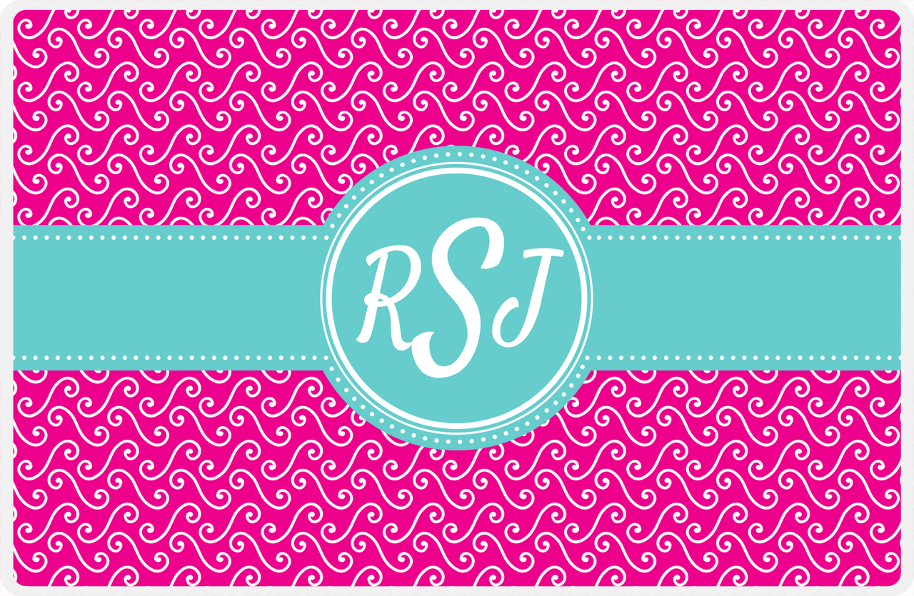 Personalized Mod 3 Placemat - Hot Pink and White - Viking Blue Circle Frame with Ribbon -  View