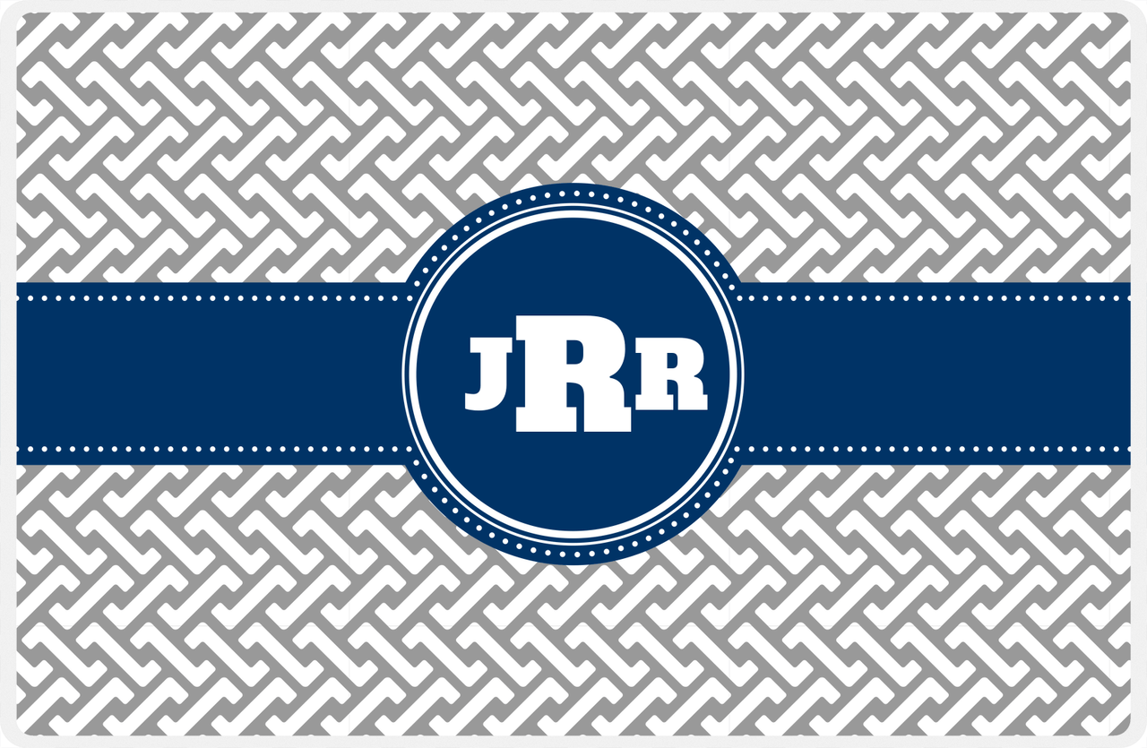 Personalized Mod Placemat - Light Grey and White - Navy Circle Frame with Ribbon -  View