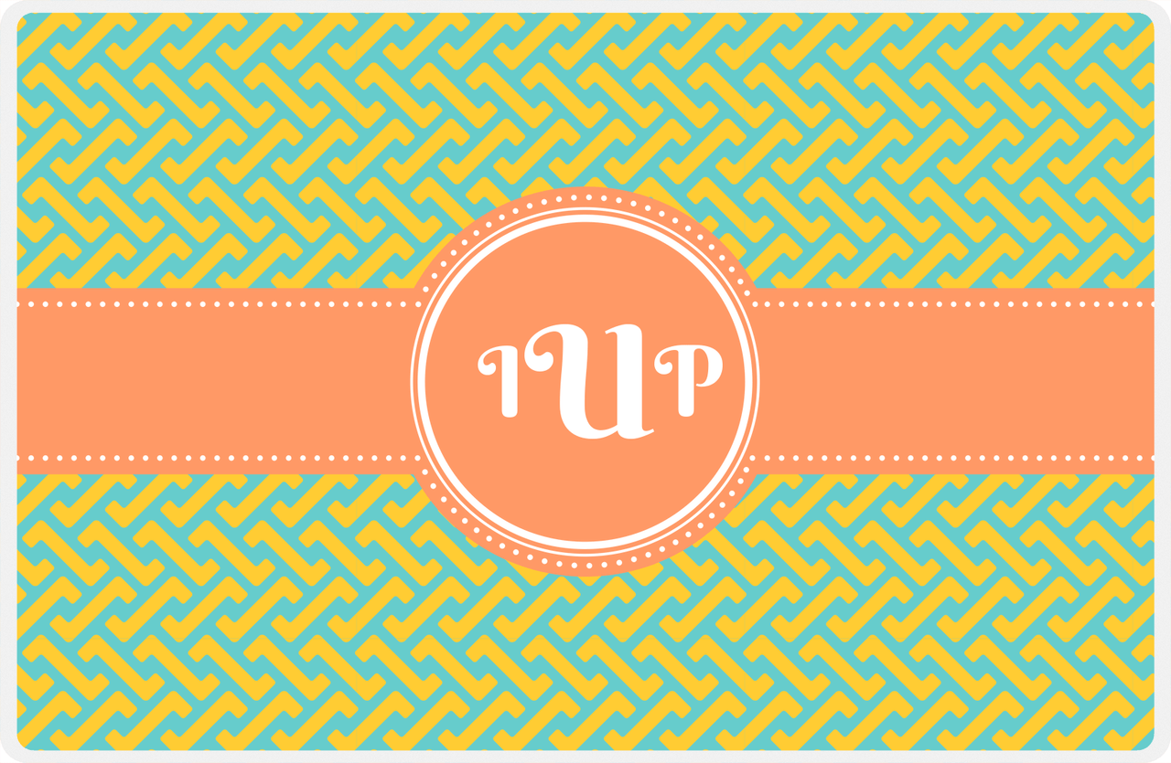 Personalized Mod Placemat - Viking Blue and Mustard - Tangerine Circle Frame with Ribbon -  View