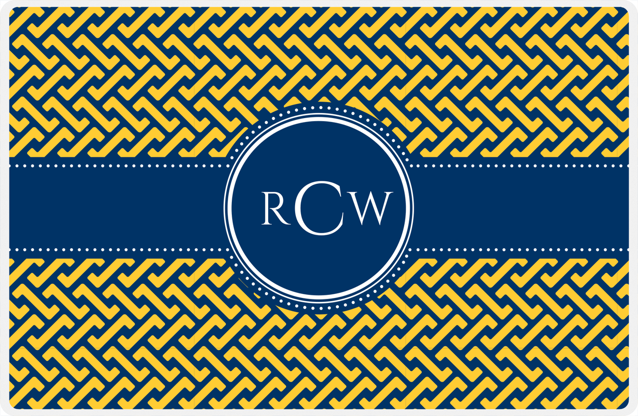 Personalized Mod Placemat - Navy and Mustard - Navy Circle Frame with Ribbon -  View