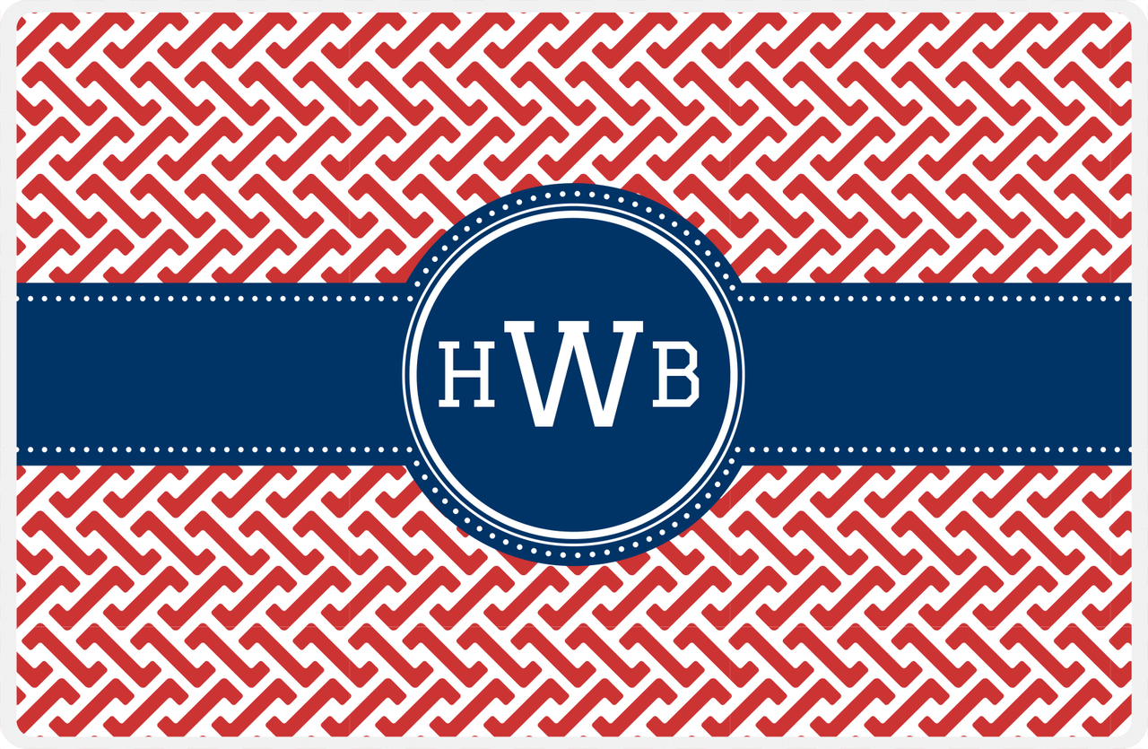 Personalized Mod Placemat - Cherry Red and White - Navy Circle Frame with Ribbon -  View