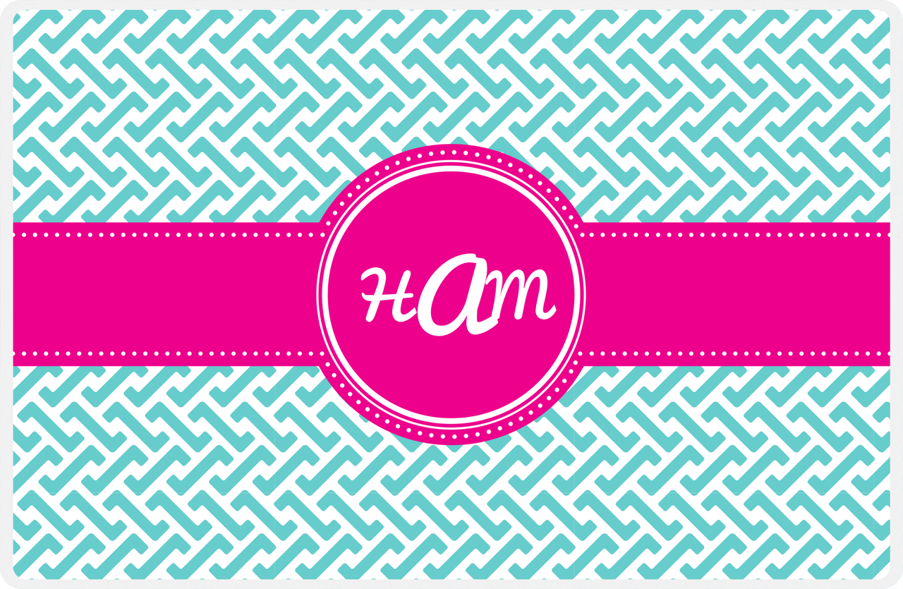 Personalized Mod Placemat - Viking Blue and White - Hot Pink Circle Frame with Ribbon -  View