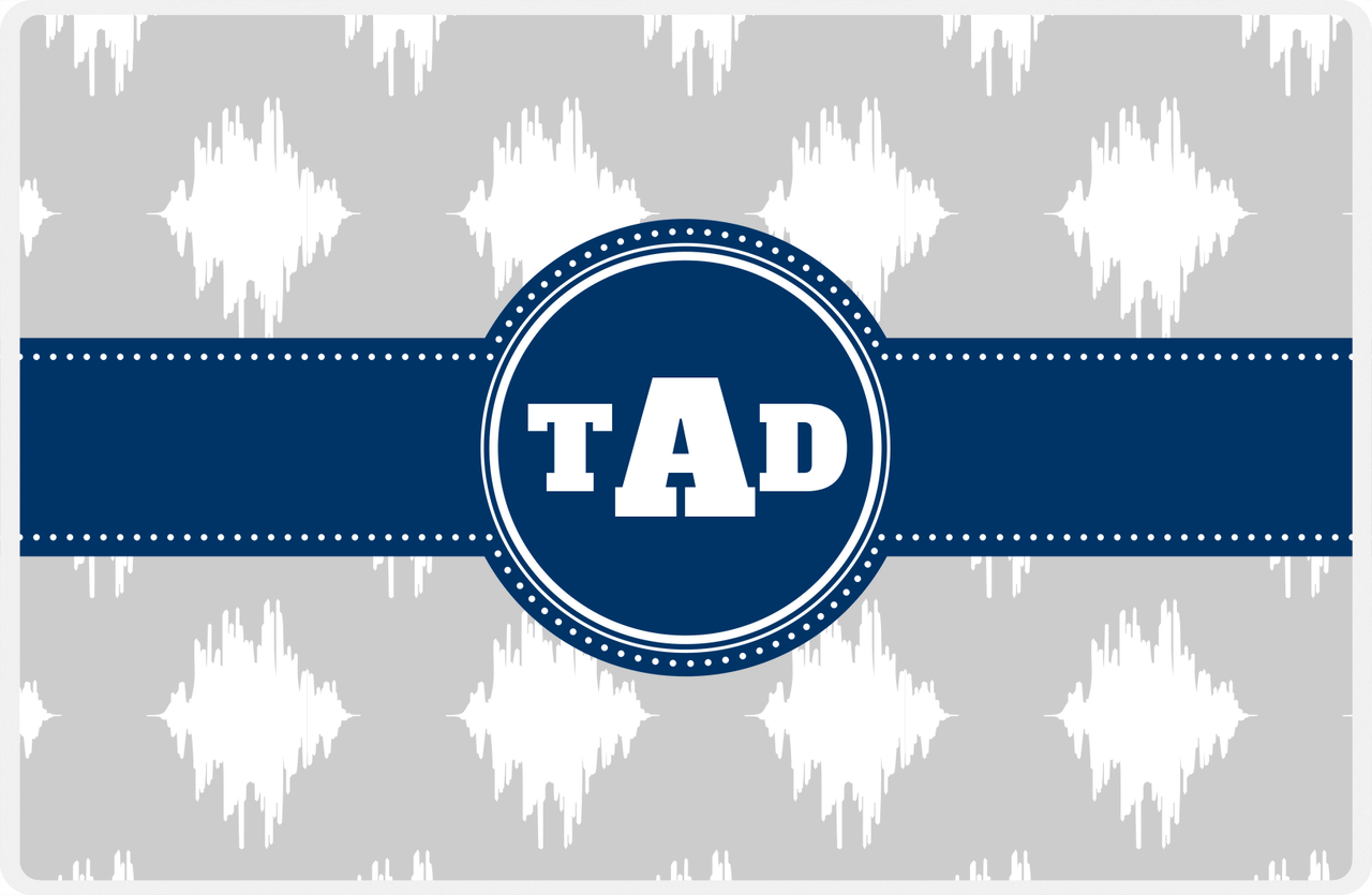 Personalized Montauk Placemat - Light Grey and White - Navy Circle Frame with Ribbon -  View