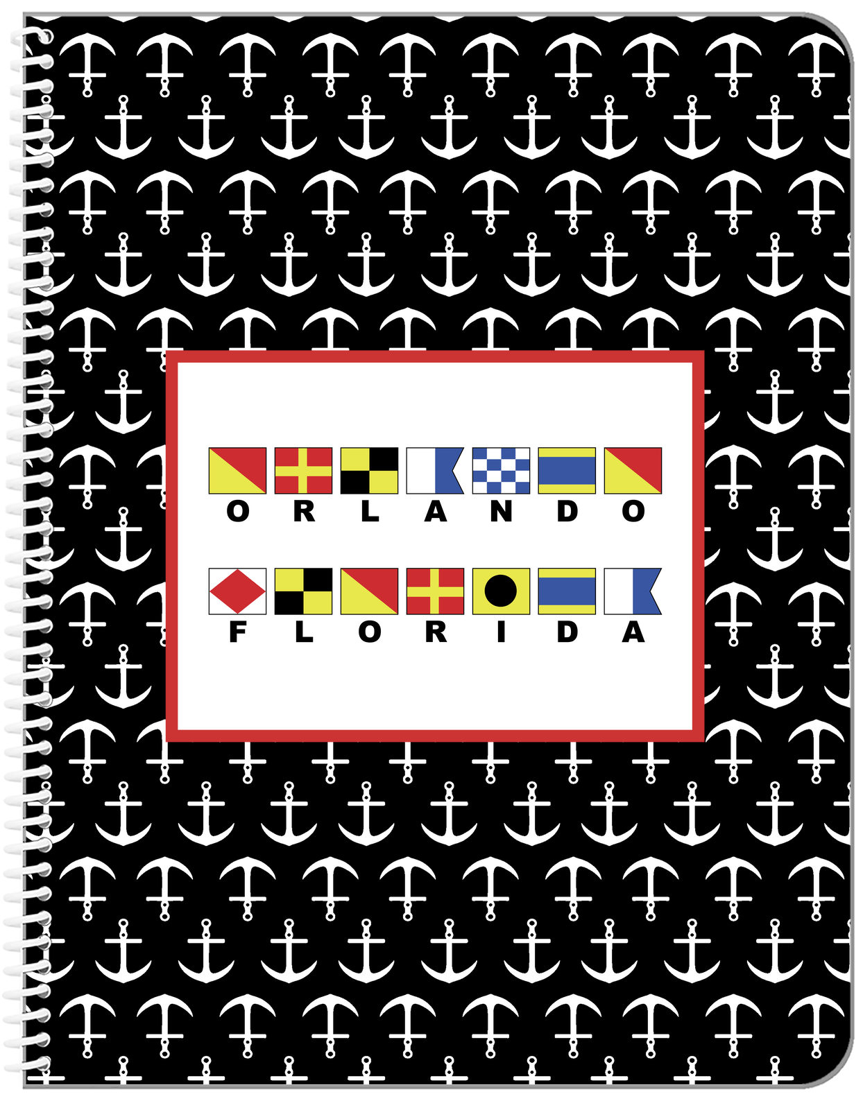 Personalized Nautical Flags Notebook with Anchors - Black and Red - Flags with Large Letters - Front View