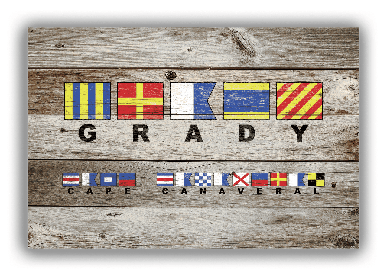 Personalized Nautical Flags Wood Grain Canvas Wrap & Photo Print - Two Text Areas - Old Grey Wood - Front View