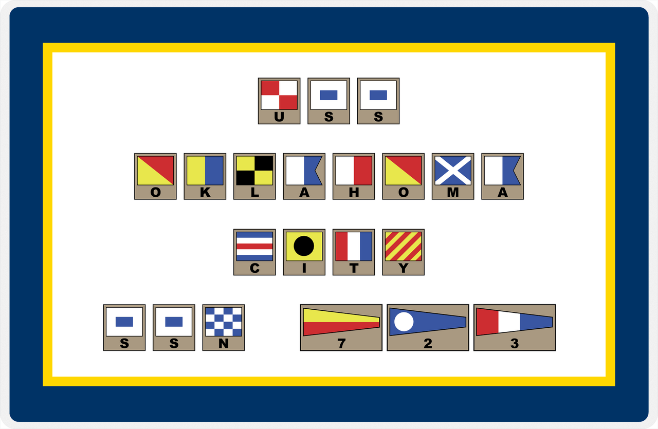 Personalized Nautical Flags Placemat - Navy Blue and Gold - Flags with Light Brown Frames -  View