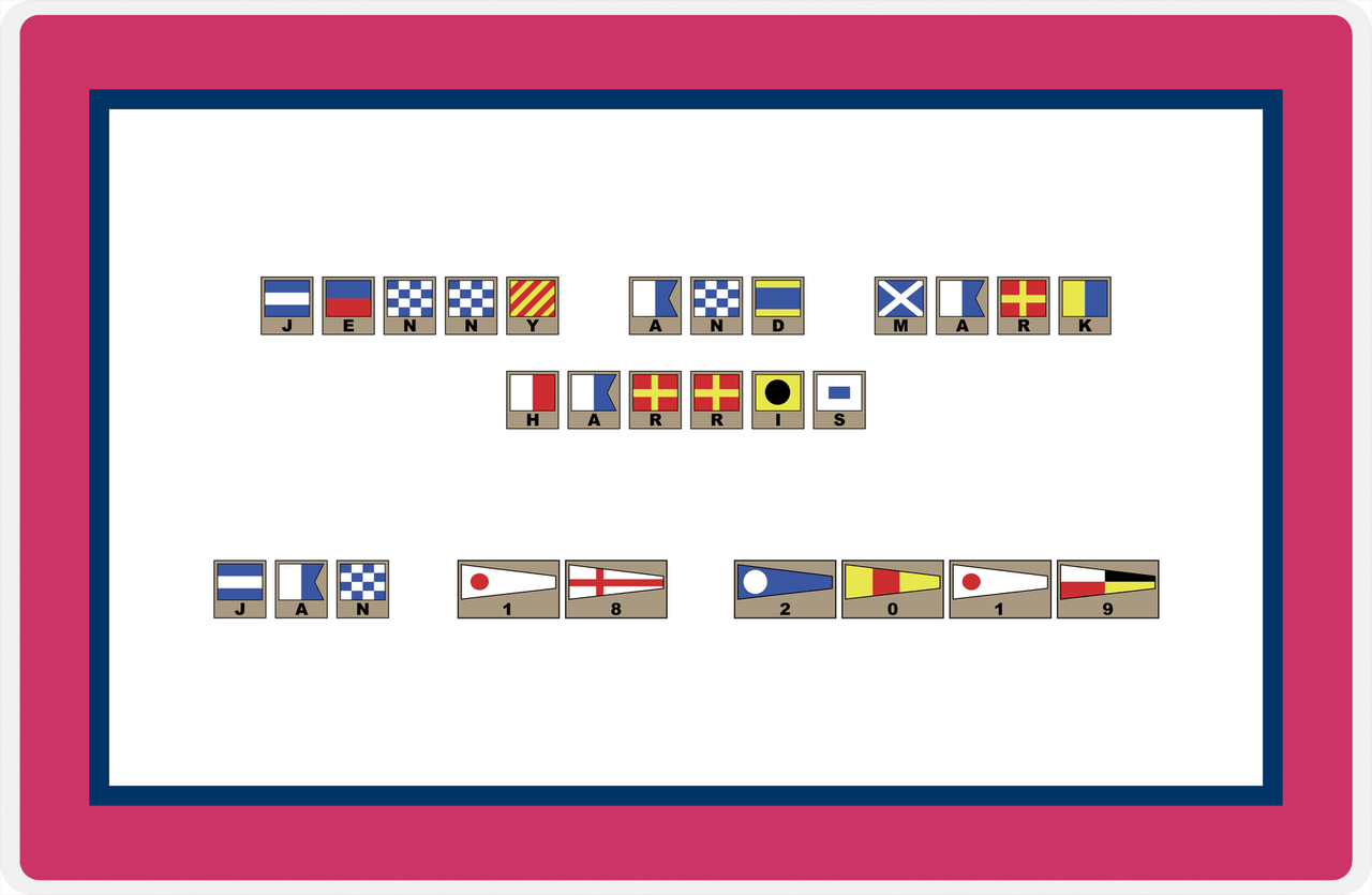 Personalized Nautical Flags Placemat - Pink and Blue - Flags with Light Brown Frames -  View