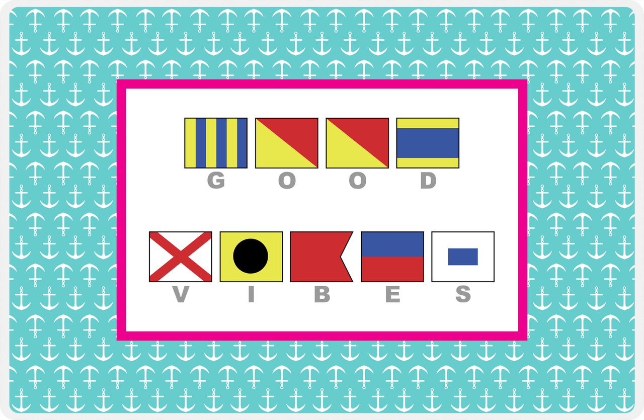 Personalized Nautical Flags Placemat with Anchors - Teal and Pink - Flags with Grey Letters -  View