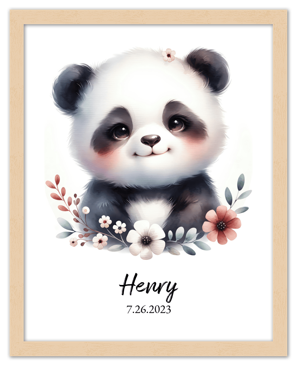 Personalized Nursery Wall Art - Custom Portrait Baby Panda Room Decor, Cute Safari & Woodland Animal for Kids, Toddler Bedroom, Framed Artwork, Best Gift for Moms, Girls, Boys, Family, Couples, & Friends - Front View