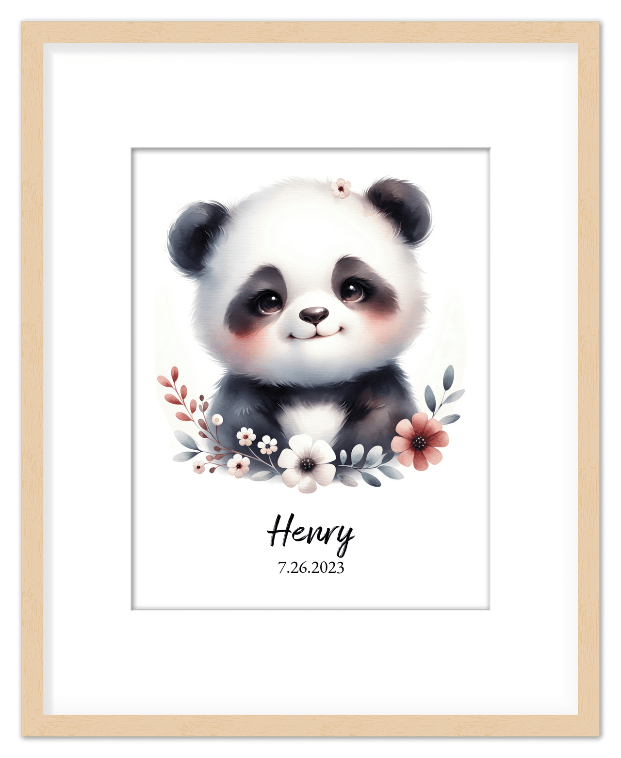 Personalized Nursery Wall Art - Custom Portrait Baby Panda Room Decor, Cute Safari & Woodland Animal for Kids, Toddler Bedroom, Framed Artwork, Best Gift for Moms, Girls, Boys, Family, Couples, & Friends - Front View