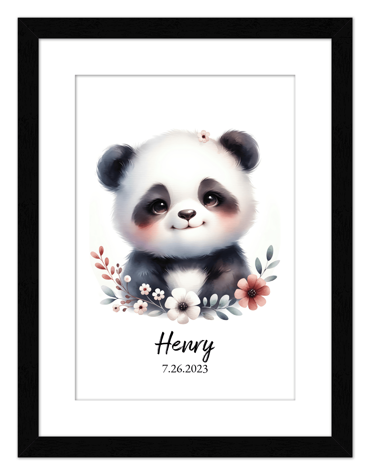 Personalized Nursery Wall Art - Custom Portrait Baby Panda Room Decor, Cute Safari & Woodland Animal for Kids, Toddler Bedroom, Framed Artwork, Best Gift for Moms, Girls, Boys, Family, Couples, & Friends - Front View