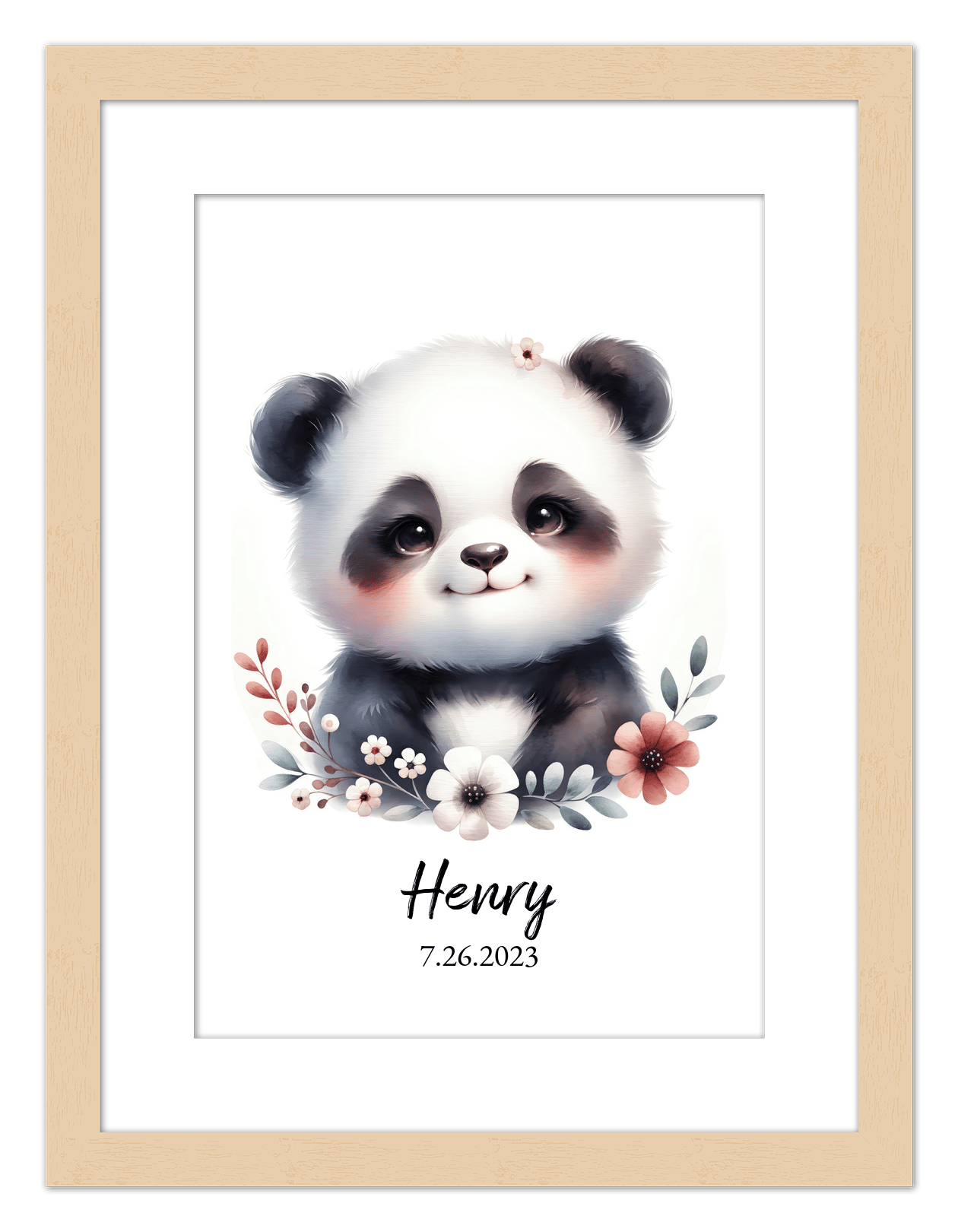 Personalized Nursery Wall Art - Custom Portrait Baby Panda Room Decor, Cute Safari & Woodland Animal for Kids, Toddler Bedroom, Framed Artwork, Best Gift for Moms, Girls, Boys, Family, Couples, & Friends - Front View