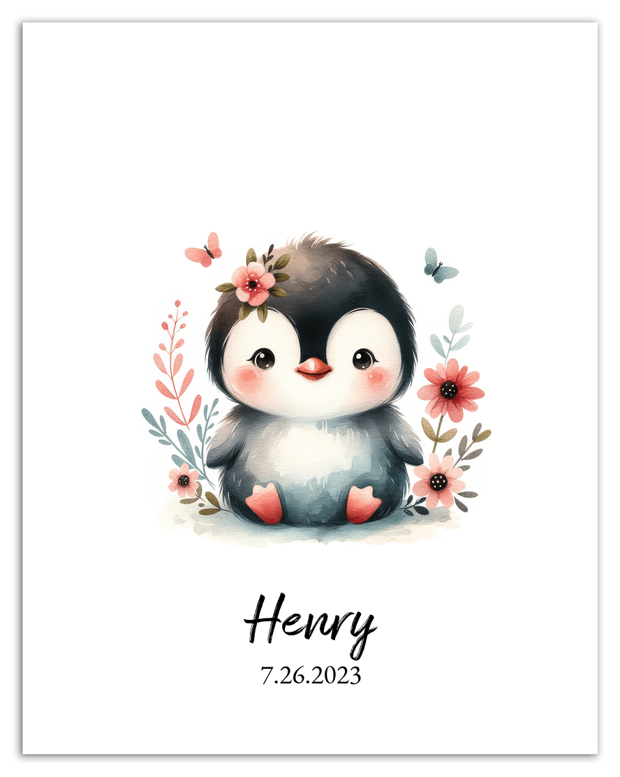 Personalized Nursery Wall Art - Custom Penguin Portrait Baby Room Decor, Cute Safari & Woodland Animal for Kids, Toddler Bedroom, Framed Artwork, Best Gift for Moms, Girls, Boys, Family, Couples, & Friends - Front View