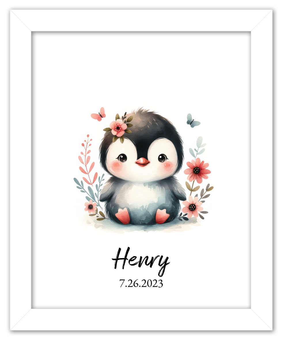 Personalized Nursery Wall Art - Custom Penguin Portrait Baby Room Decor, Cute Safari & Woodland Animal for Kids, Toddler Bedroom, Framed Artwork, Best Gift for Moms, Girls, Boys, Family, Couples, & Friends - Front View