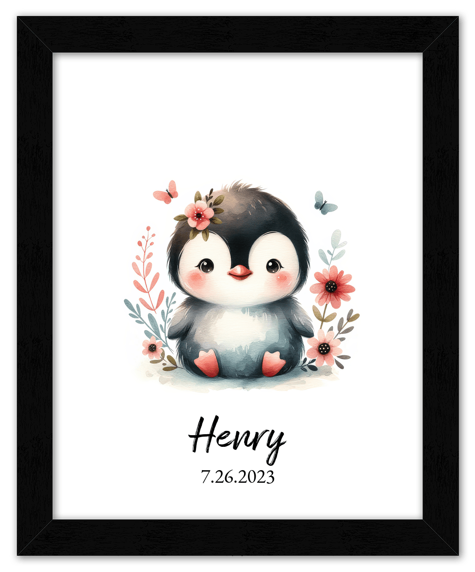 Personalized Nursery Wall Art - Custom Penguin Portrait Baby Room Decor, Cute Safari & Woodland Animal for Kids, Toddler Bedroom, Framed Artwork, Best Gift for Moms, Girls, Boys, Family, Couples, & Friends - Front View