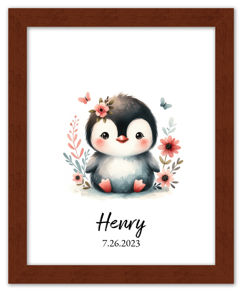 Personalized Nursery Wall Art - Custom Penguin Portrait Baby Room Decor, Cute Safari & Woodland Animal for Kids, Toddler Bedroom, Framed Artwork, Best Gift for Moms, Girls, Boys, Family, Couples, & Friends - Front View