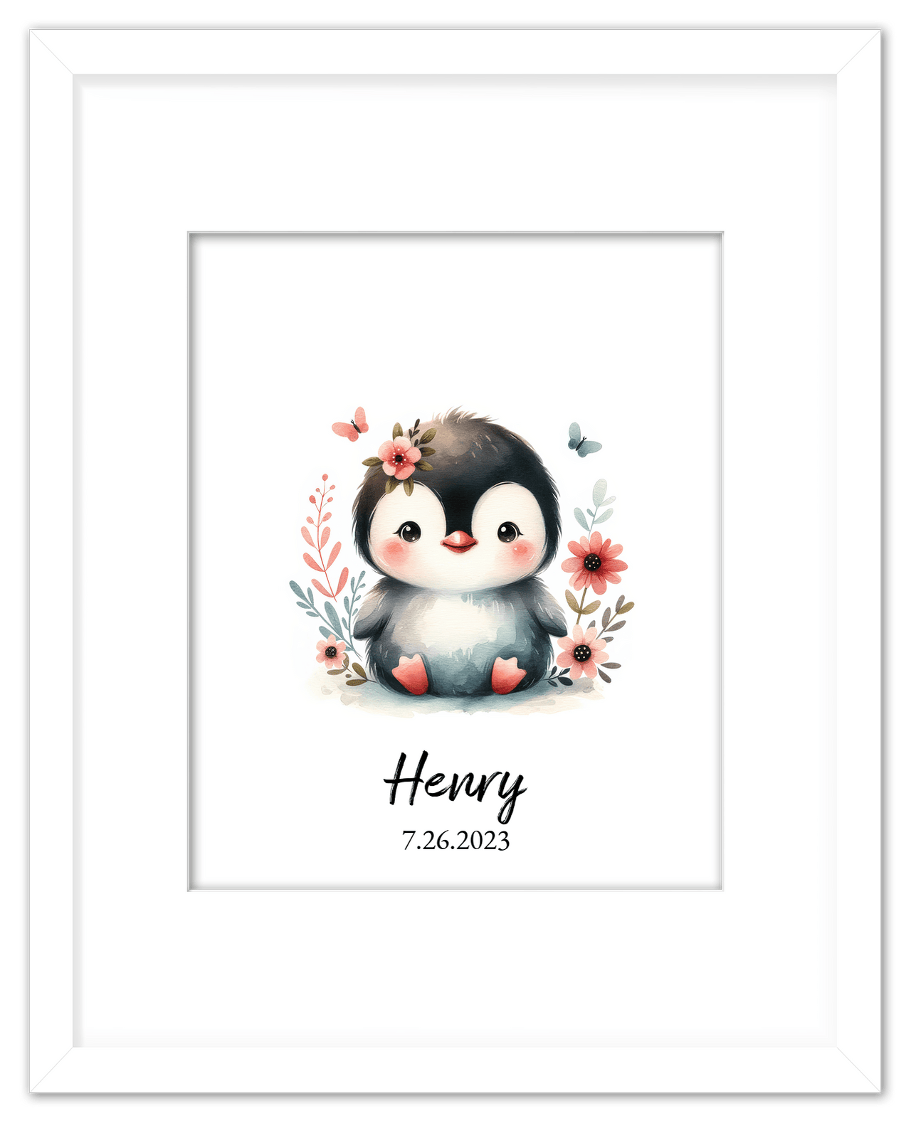 Personalized Nursery Wall Art - Custom Penguin Portrait Baby Room Decor, Cute Safari & Woodland Animal for Kids, Toddler Bedroom, Framed Artwork, Best Gift for Moms, Girls, Boys, Family, Couples, & Friends - Front View