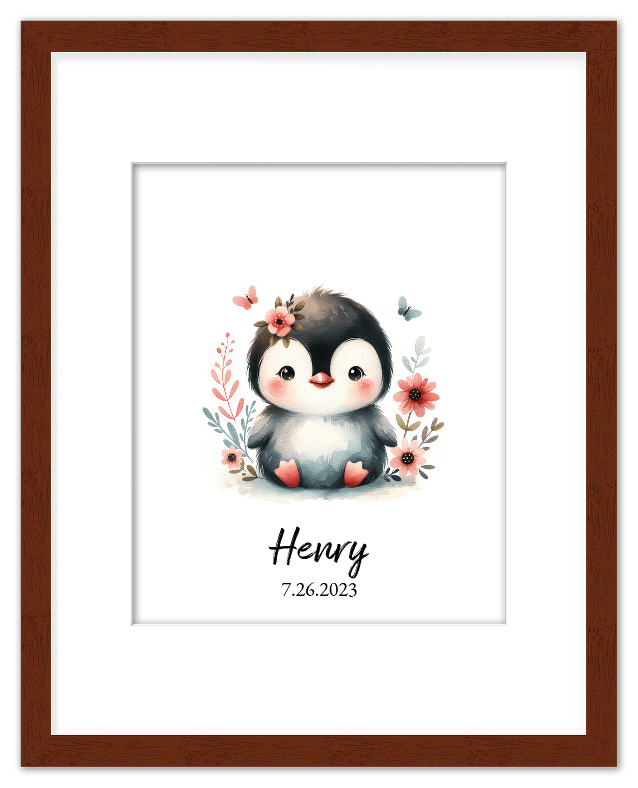 Personalized Nursery Wall Art - Custom Penguin Portrait Baby Room Decor, Cute Safari & Woodland Animal for Kids, Toddler Bedroom, Framed Artwork, Best Gift for Moms, Girls, Boys, Family, Couples, & Friends - Front View