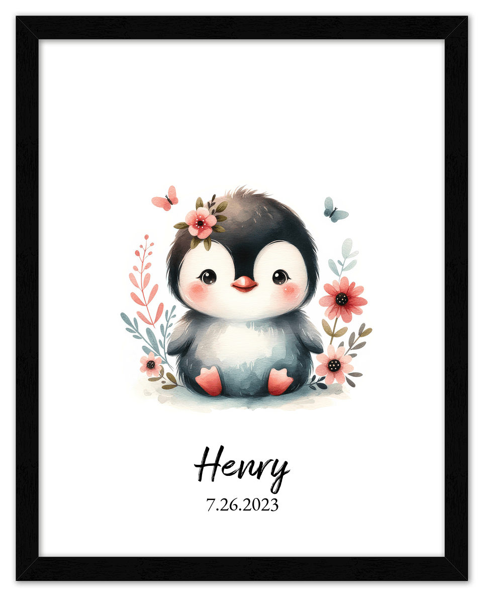 Personalized Nursery Wall Art - Custom Penguin Portrait Baby Room Decor, Cute Safari & Woodland Animal for Kids, Toddler Bedroom, Framed Artwork, Best Gift for Moms, Girls, Boys, Family, Couples, & Friends - Front View