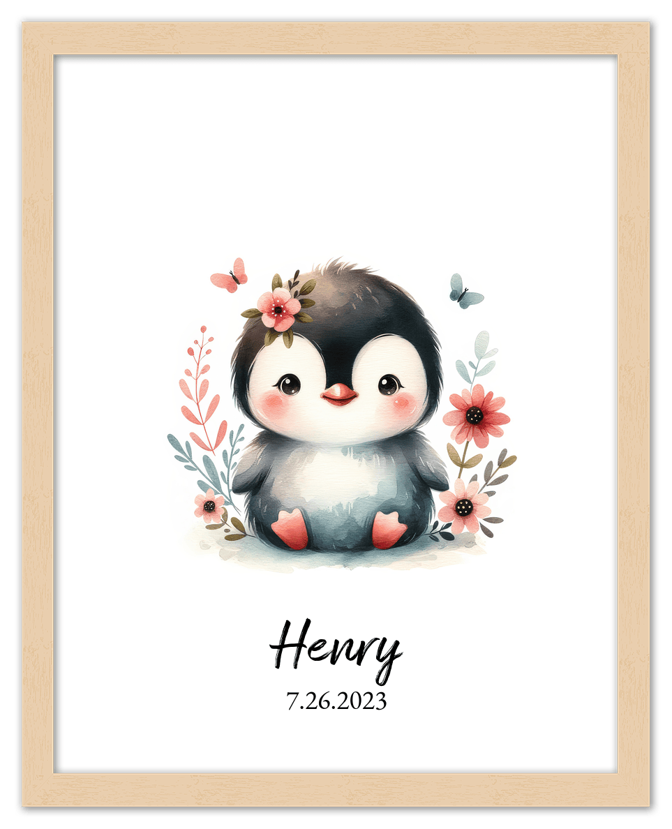 Personalized Nursery Wall Art - Custom Penguin Portrait Baby Room Decor, Cute Safari & Woodland Animal for Kids, Toddler Bedroom, Framed Artwork, Best Gift for Moms, Girls, Boys, Family, Couples, & Friends - Front View