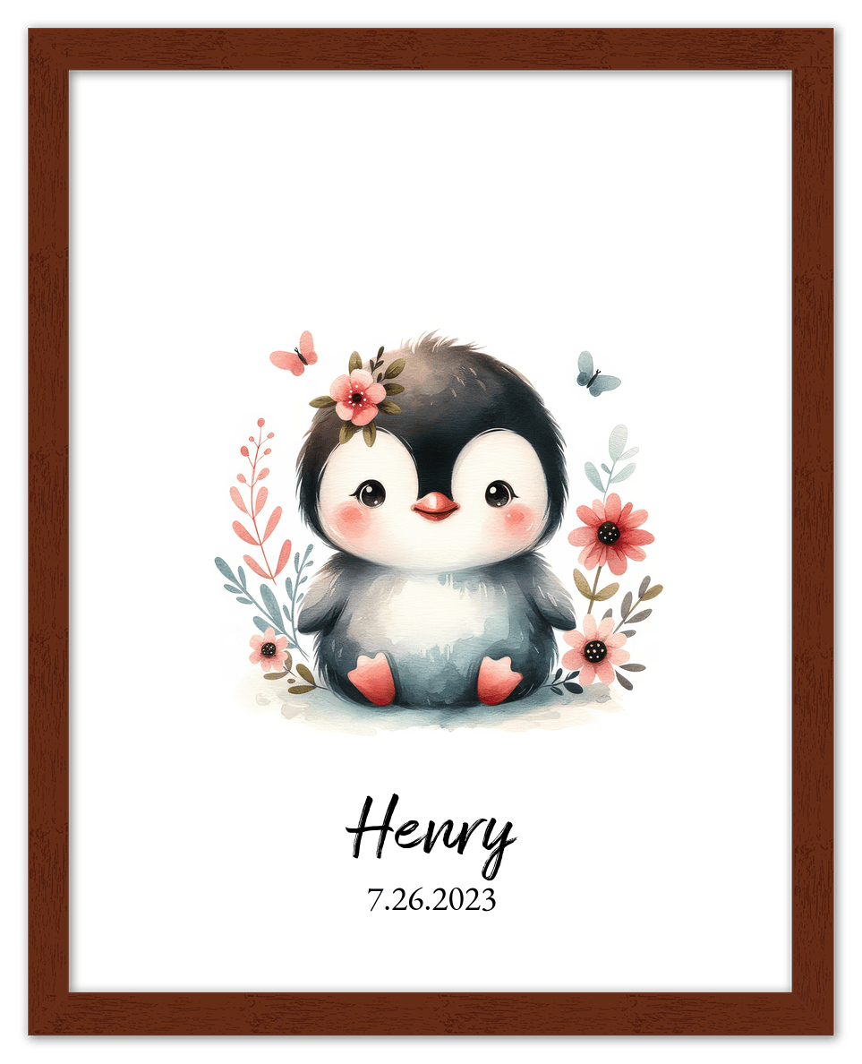 Personalized Nursery Wall Art - Custom Penguin Portrait Baby Room Decor, Cute Safari & Woodland Animal for Kids, Toddler Bedroom, Framed Artwork, Best Gift for Moms, Girls, Boys, Family, Couples, & Friends - Front View